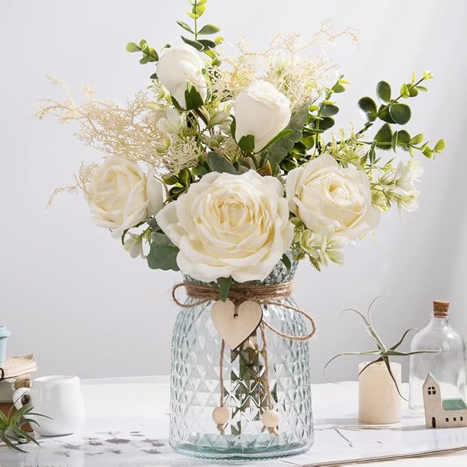 Silk Rose Flowers in Vase, Artificial Flowers Arrangement with Glass Vase Faux Rose for Decoration Table Centerpiece (White Rose)