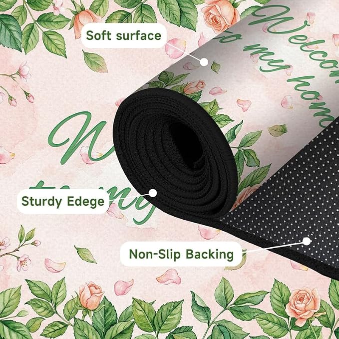 Welcome Rug Floral Area Rug for Bedroom Living Room Nursery Playroom Classroom Home Decor Pink Rose Green Leaf Carpet Non-Slip Washable Floor Mat,5'x7'