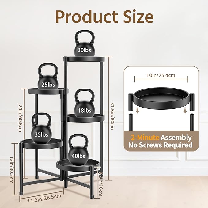 LASZOLA 5 Tier Large Plant Stand Indoor Tall with 10 Inch Metal Tray, Corner Folding Flower Display Rack, Modern Plant Holder Shelf for Outdoor Patio Porch Garden Office Living Room, Black