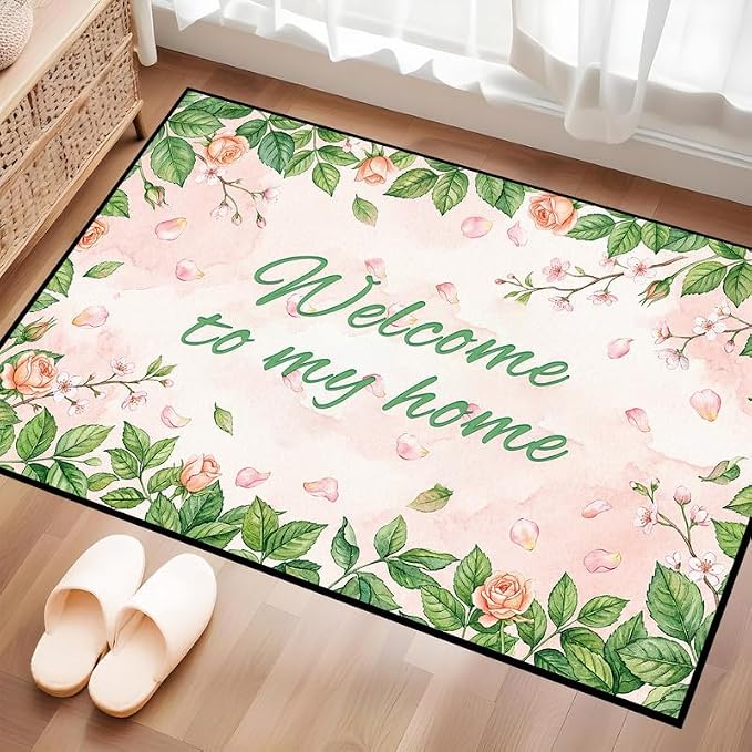 Welcome Rug Floral Area Rug for Entryway Bedroom Living Room Nursery Playroom Classroom Home Decor Pink Rose Green Leaf Carpet Non-Slip Washable Floor Mat,2'x3'