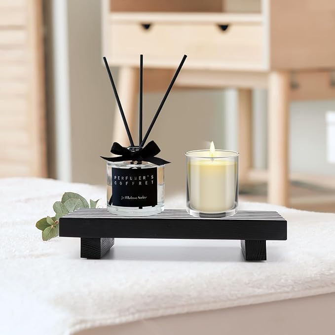 Renawe Small Black Bathroom Decor Tray for Counter Dish Soap Holder Wooden Pedestal Stand for Kitchen Sink Soap Dispenser Wood Risers Kitchen Accessories Countertop Vanity Counter Sponge Sink Tray