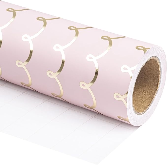 WRAPAHOLIC Pink Wrapping Paper Roll - Mini Roll - 17 Inch x 16.5 Feet - Metallic Foil Chic Classic Pink and Gold Wedding Wrapping Paper for Birthday, Wedding, Baby Shower, Valentine's Day