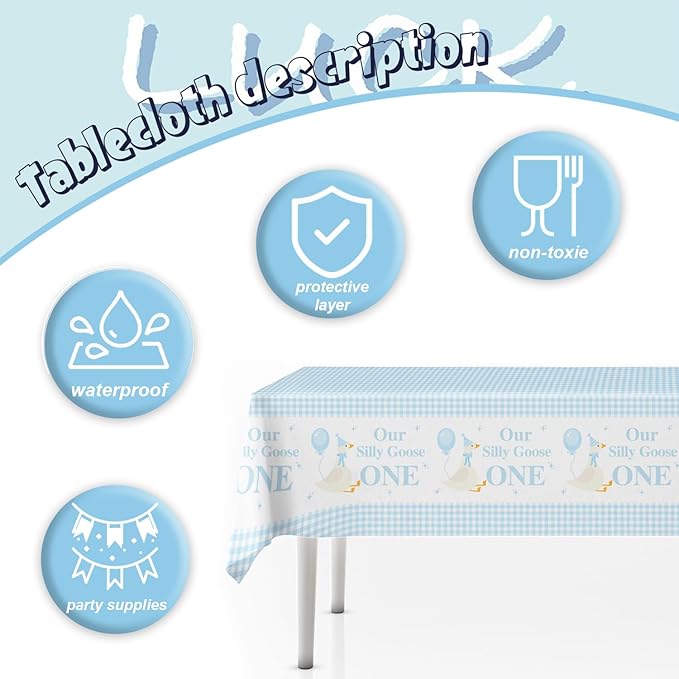 141pcs Blue One Silly Goose Birthday Decorations 1st Birthday Party for Girls Goose Theme Blue Gingham Plates Napkins Forks Knives Straws Tablecloth Cups,Suitable for 20 Guests