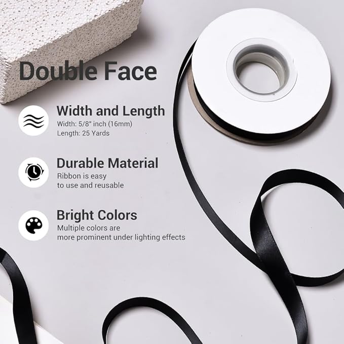 YAMA Black Double Face Satin Ribbon 5/8" 25 Yards Black Ribbon for Gift Package Wrapping,Floral Design,Hair Bow Clip Making,Crafting,Sewing,Wedding Decor