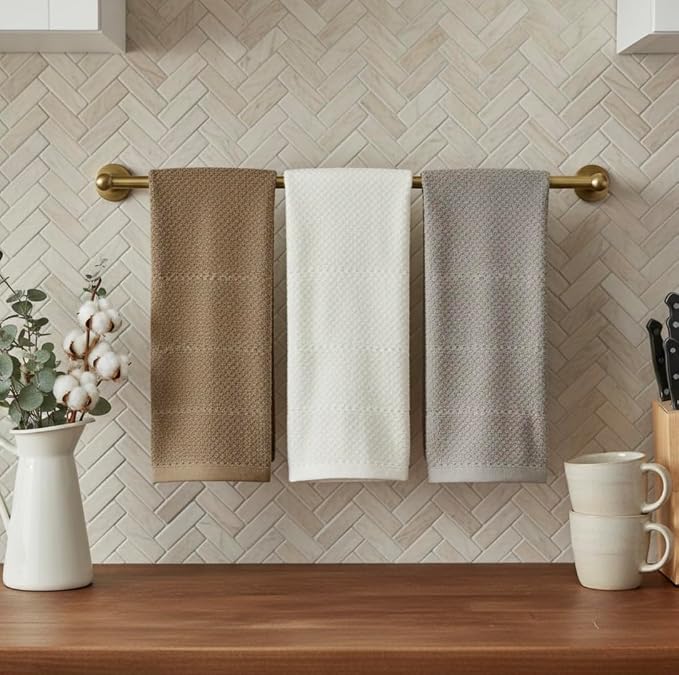 Beige White Brown Taupe Kitchen Hand Dish Towels: Oversized 28" x 18",100% Cotton Cloth Soft Cleaning Drying Absorbent Textured Design, Set of 3 Multipurpose for Everyday Use (Neutral Collection)
