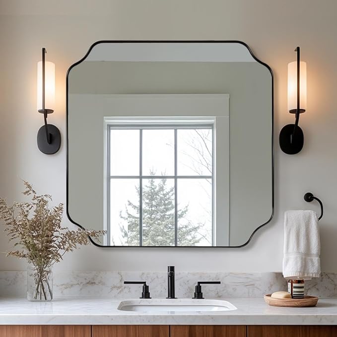 ANDY STAR 30x30 Inch Square Mirror, Matte Black Vanity Mirror, Modern Scalloped Bathroom Mirror in Premium Stainless Steel Metal Thin Frame, Unique Rounded Notched Corners