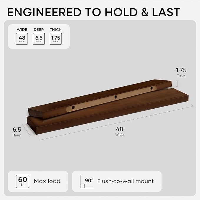 Homeforia 48 inch Walnut Floating Shelf, High End Solid Real Wood Large 48inch Floating Shelves for Wall, Dark Brown 48 inches Long Floating Shelves, Heavy Duty Bracket, 48 X 6.5 X 1.75 inch, Set of 3