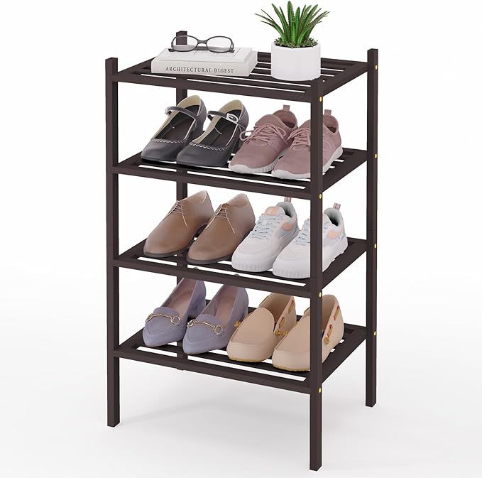 Smiry Small Bamboo Shoe Rack 4-Tier, Stackable Wooden Shoe Organizer for Entryway & Closet, Free Standing Wood Shoe Storage Shelf for Front Door & Small Spaces, Brown