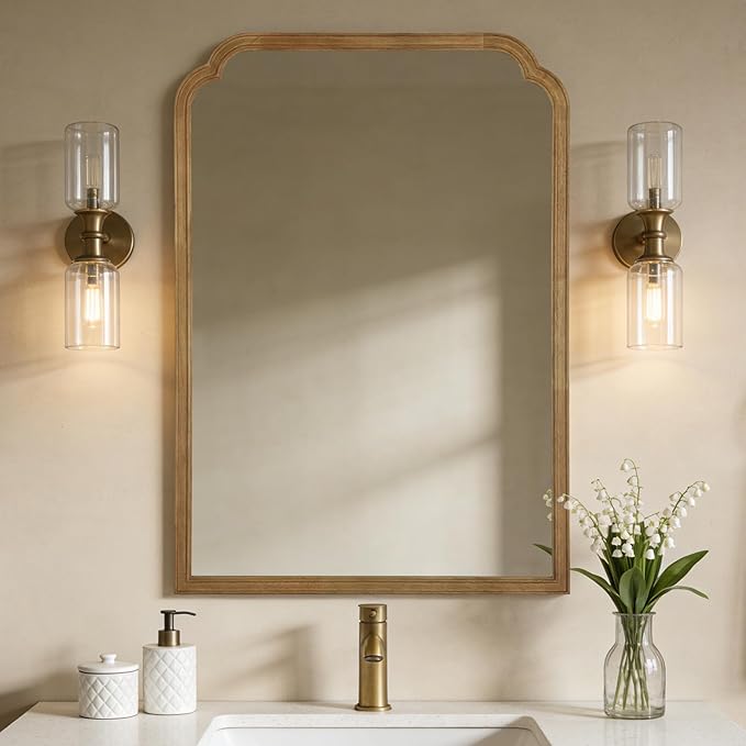 WallBeyond 28" x 40" Wood Bathroom Mirror for Wall Mounted, Rustic Rounded Corner Vanity Mirror for Entryway, Living Room or Bedroom Home Decorative [28" x 40" Natural Color]
