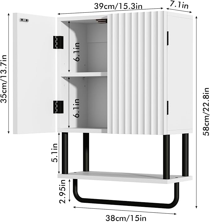 RUSTOWN Fluted Bathroom Wall Cabinet with 2 Doors, 3-Tier Modern Farmhouse Medicine Cabinet, Over The Toilet Storage Cabinet with Adjustable Shelf and Towel Bar(White, Small)