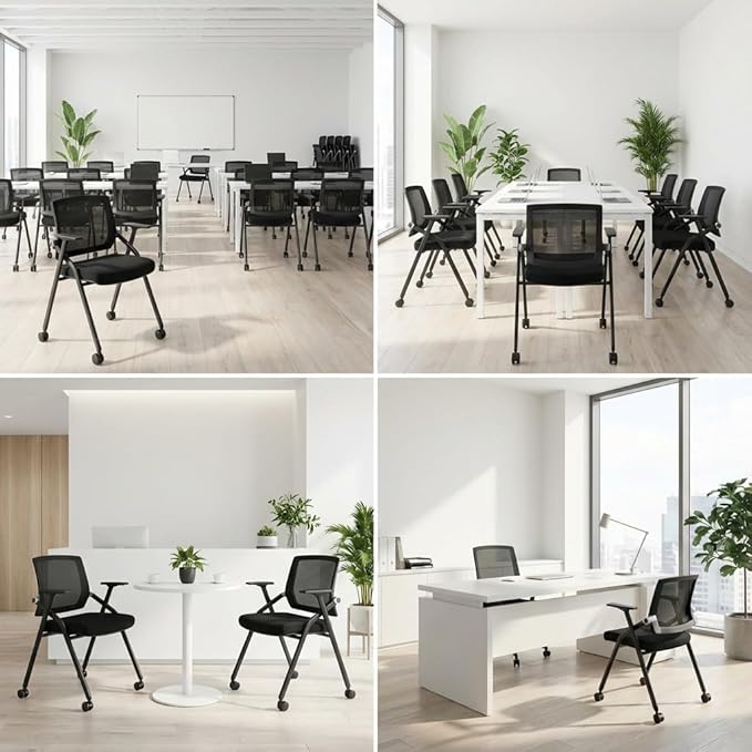 2 Pack Stackable Conference Room Chairs with Paddle Folding Office Foldable Desk Chair Mesh Back and Arms for Conference Meeting Guest Reception Home Office Training Room Chair Black