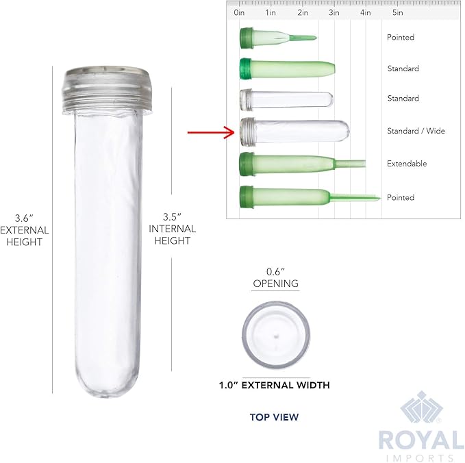 Royal Imports Floral Water Tubes with Caps – 3.5" Clear Plastic Flower Vials for Single Stem Roses, Buds, Bouquets – Standard Style, 1/2" Opening – 50 Pack