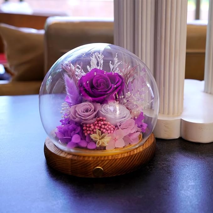 Preserved Real Rose Flowers in Glass Dome with LED Lights,Real Rose Flowers Unique Floral Gift for Girlfriend Mom Wife Girlfriend on Christmas Birthday Anniversary (Aurora Purple)