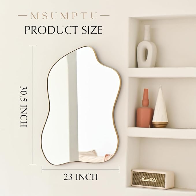 Irregular Wall Mirror Gold Wave Shaped Metal Framed Wall Mirror for Bathroom Bedroom Entryway Living Room Wall Decor 30.5" L x 23" W 2303Gold