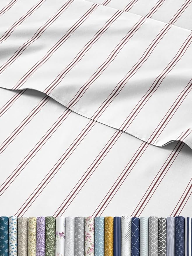 Striped Sheets - Red & White Striped Sheets - 1 Flat & 1 Fitted & 2 Pillowcases w/ Deep Pockets – Comfy, Wrinkle & Fade Free - Soft, Breathable & Cooling – Luxury Pinstripe Bedding - Full Size Bed Set