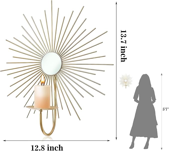 2 Set Candle Sconces Wall Decor for Living Room Metal Sunburst Mirrored Modern Gold Wall-Mounted Candle Holder Sconces Hanging Mounted Fireplace Farmhouse Wedding