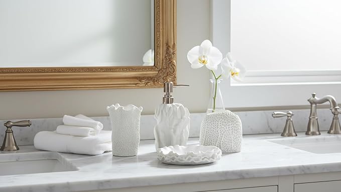 Hymmah Bathroom Accessories Set,Coral Seashell Design Toothbrush Holder,Farmhouse Bathroom Decor,4 Pcs Resin Gift Set Apartment Necessities, Contain Toothbrush Cup,Soap Dispenser,Soap Dish,Tumbler