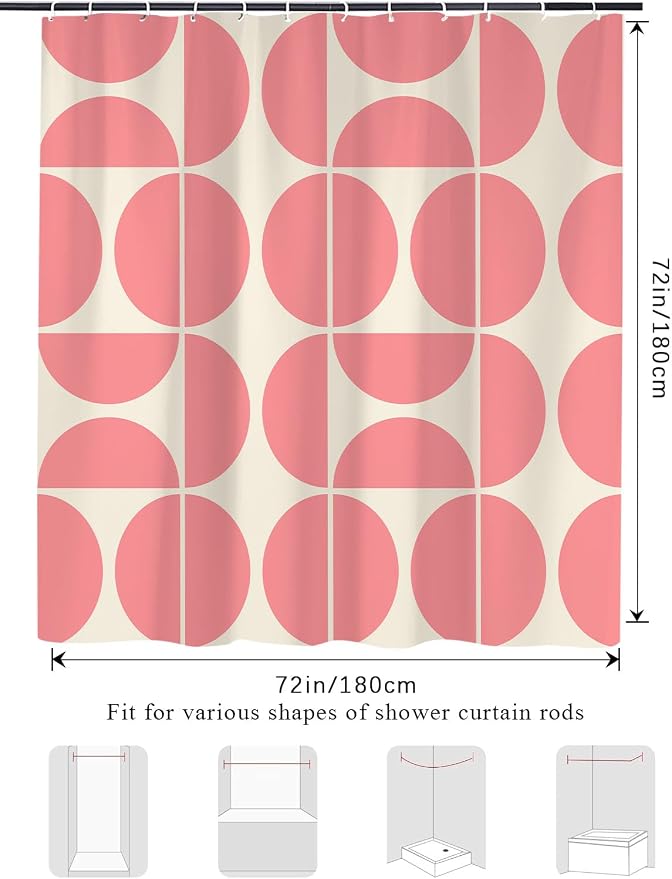 Pink Mid Century Modern Shower Curtain, Boho Abstract Geometric Retro Art Shower Curtains for Bathroom, Cute Semicircle Unique Pattern Polyester Fabric Bathroom Set 12 Hooks 72X72IN
