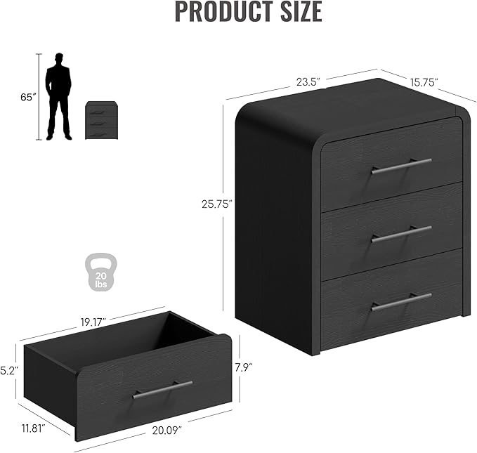 Curved 3-Drawer Nightstand Dresser, 23.6'' Wide Modern Wood Bedside Tables with Long Metal Handles, Large Storage End Tables for Bedroom, Office, Black