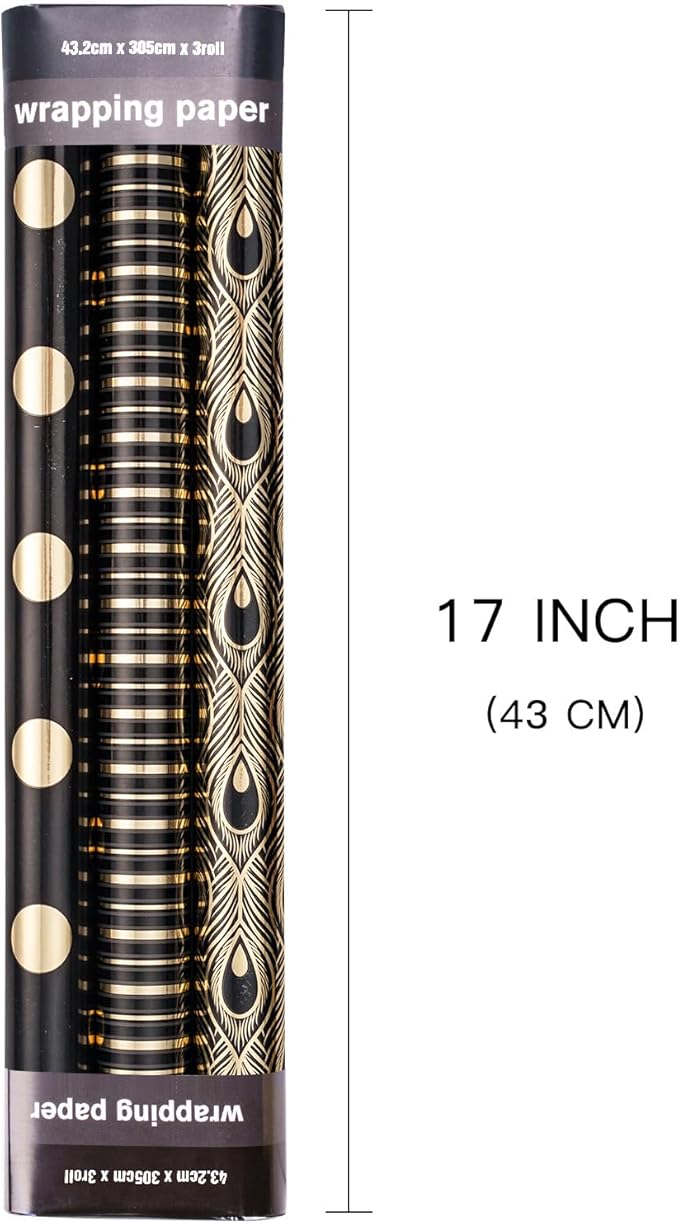LeZakaa Black Gold Wrapping Paper, Luxury Metallic Gift Wrap with Polka Dots, Stripes & Peacock Feather Pattern for Birthday, Wedding, Bridal Shower, 17 x 120 inches 3 Rolls, Mini Roll