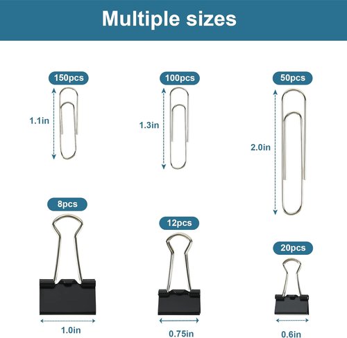 Regine Switzerland Binder Clips Set - 340pcs Assorted Sizes & Jumbo Paper Clips in Black | Perfect for Office & School