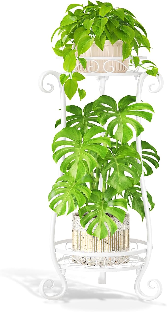 LASZOLA 2 Tier White Metal Plant Stand for Multiple Large Planters Indoor Outdoor Organizer, Heavy Duty Tall Flower Stand for Corner Patio Bathroom Office, Modern Sturdy Vertical Iron Rack, Cat Proof