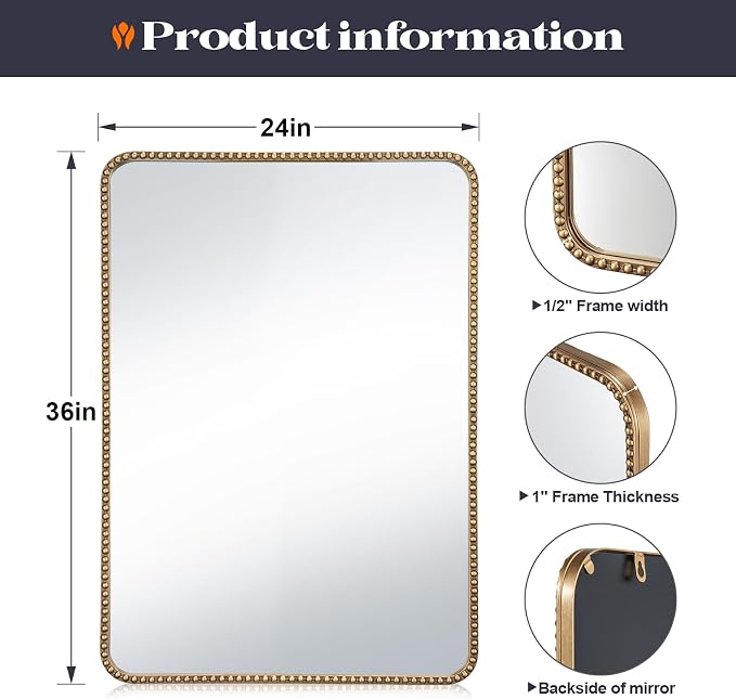 24"x36" Champagne Bronze Mirrors for Bathroom, Brass Vintage Bathroom Wall Mirror with Beaded Frame, Gold Beaded Mirror for Vanity Ornate Bedroom