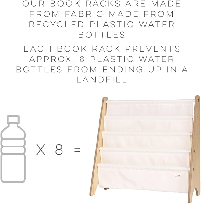 3 Sprouts Recycled Fabric Kids Bookshelf – 4-Tier Sling Book Rack Organizer - Nursery Room Playroom Classroom Wooden Book Shelves - Kid Bookcase Wood Storage Shelf for Toddler Age 3+ - Clay