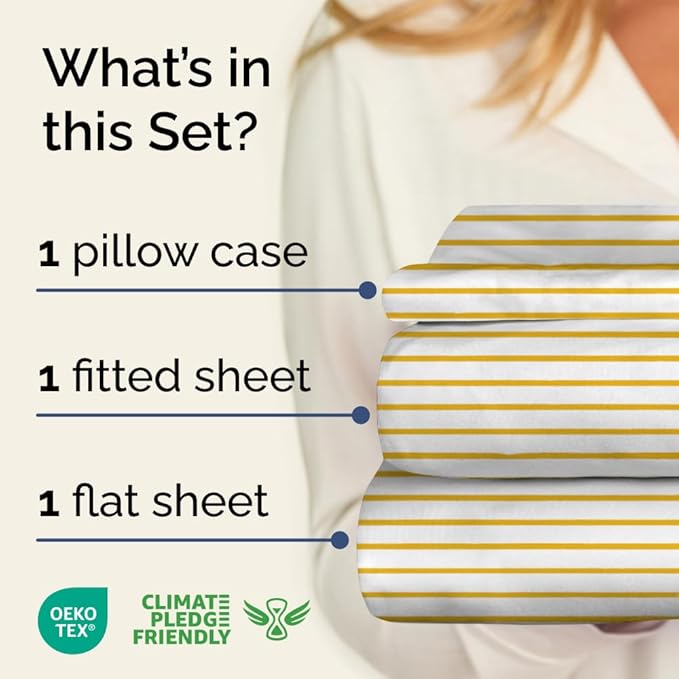 Yellow Striped Sheets - 1 Flat & 1 Fitted Sheet & 1 Pillowcase w/ Deep Pockets - Comfy, Wrinkle & Fade Resistant - Ultra-Soft, Cozy, Breathable and Cooling - Luxury Pinstripe Bedding - Twin Size