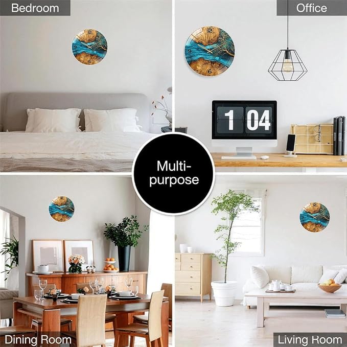 12 Inch Blue River Glass Wall Clock Silent Modern Art Decor | Silent glossy resin and wood-style wall clock perfectly tracks time, adding modern art to your living room