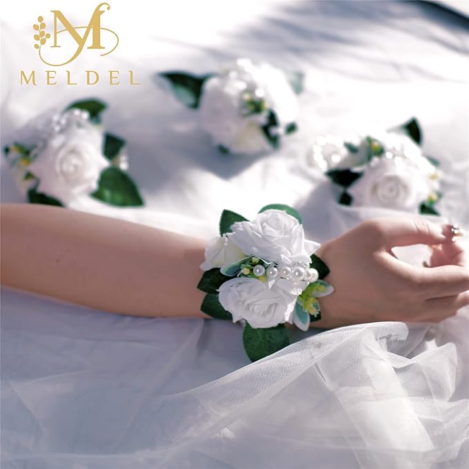 Meldel White Corsage and Boutonniere Set,Set of 2,Rose Wrist Corsage Wristlet Bracelet for Bride Bridesmaid Girls,Boutonniere for Men,Groomsmen and Groom Boutonniere for Wedding,Prom,Homecoming,Party