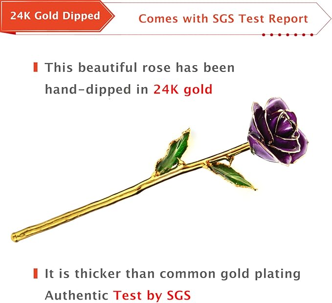 AliveRose Gold Dipped Rose,24k Gold Real Rose Gift for her, Long Stem Rose Made from Real Gold Rose for Anniversary Valentines Mothers Day Birthday (Pearl Purple with Crystal Vase)