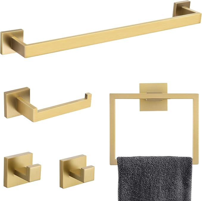Brushed Gold Towel Bar Set Bathroom Hardware Set, 5 Pieces Gold Bathroom Accessories Set Stainless Steel Wall Mounted Towel Holder for Bathroom 23.6in