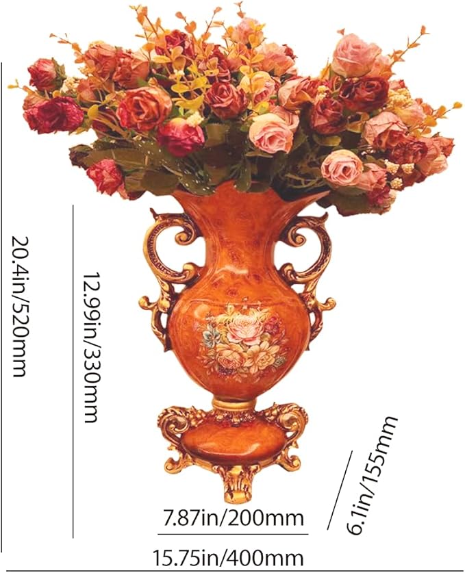 European Golden Resin Vintage Vase Set with Artificial Flowers, Retro Fake Floral Arrangement for Wedding Party Home Table Decor Centerpiece