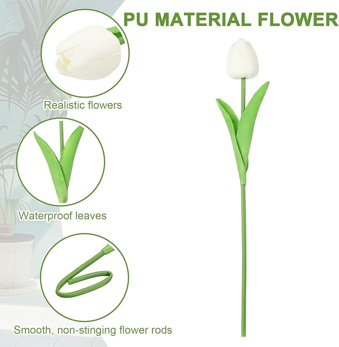 uxcell 20pcs Tulips Artificial Flowers, Faux Flowers Silk Fake Tulip Stems Real Touch for Wedding Bouquet Centerpiece Table Party Decoration(Pure White)
