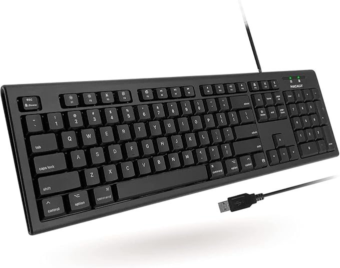 Macally Full Size Wired Mac Keyboard - Compatible with All Macs with USB Port - Wired Keyboard for Mac Mini / Pro, Macbook Pro/Air, iMac with Number Pad & 16 Apple Shortcut Keys Spill Proof - Black