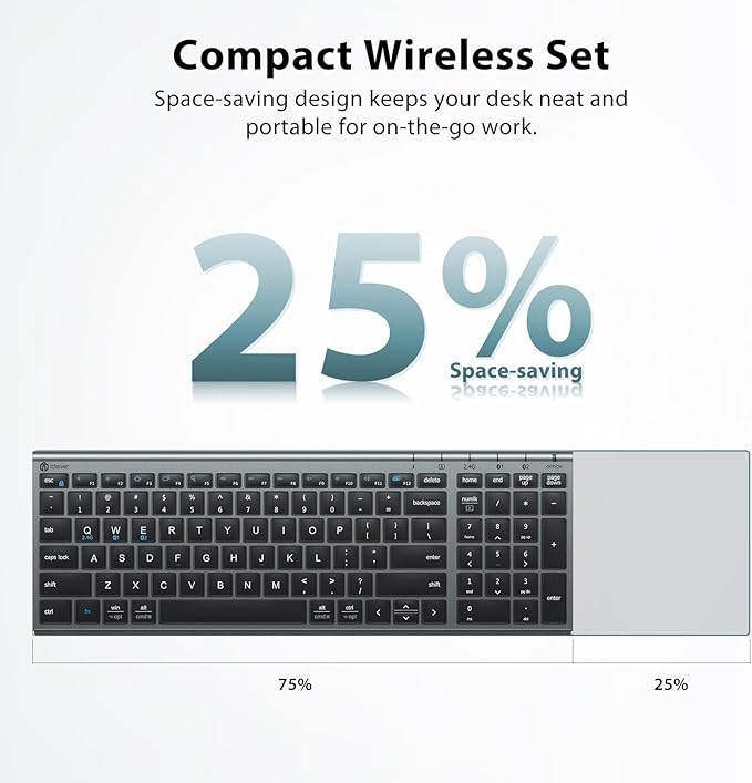 iClever DK05 Bluetooth Keyboard and Mouse Combo, Multi-Device Wireless Keyboard and Mouse (2.4GHz+Bluetooth), USB-C Rechargeable, Slim Compact Design, Comfortable Typing for PC/Laptop/Windows/Mac