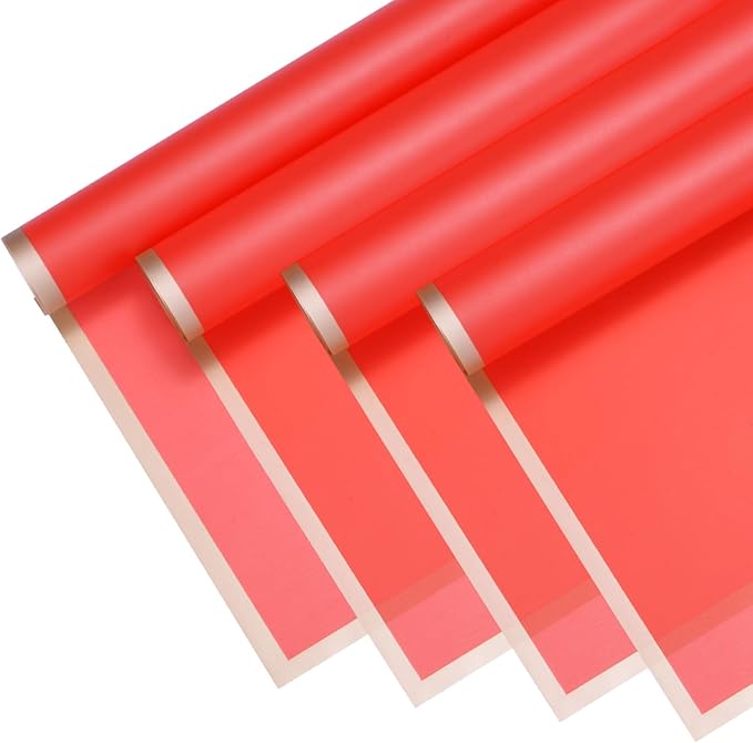 M METERXITY 20 Sheets Flower Wrapping Paper Bouquet, 23 Inch Red Gold Edge BOPP Waterproof Floral Wrapping Paper Flower Packaging DIY for Wedding/Party/Birthday/Gift Bouquet Wrap Paper