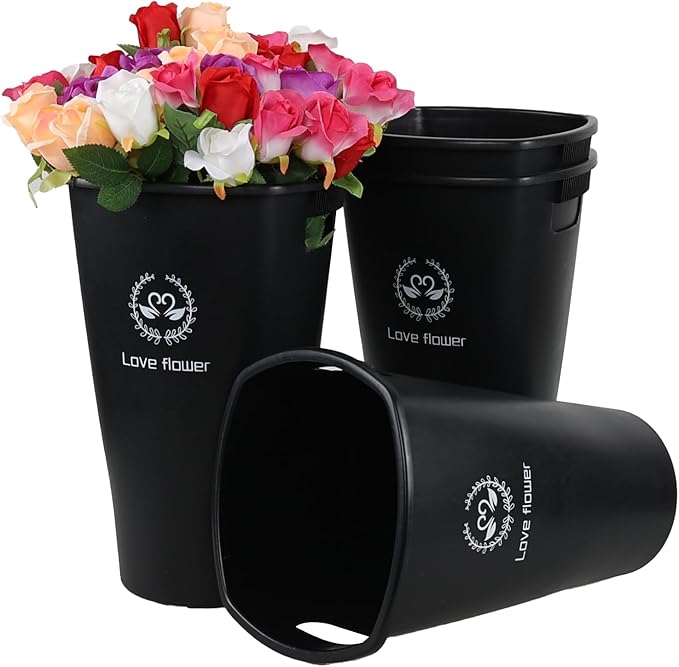 Yuright 16.02 Inch Black Tall Flower Bucket, 4 Pack Floral Display Buckets Plastic, Farmhouse French Flower Bucket with Cutout Handles