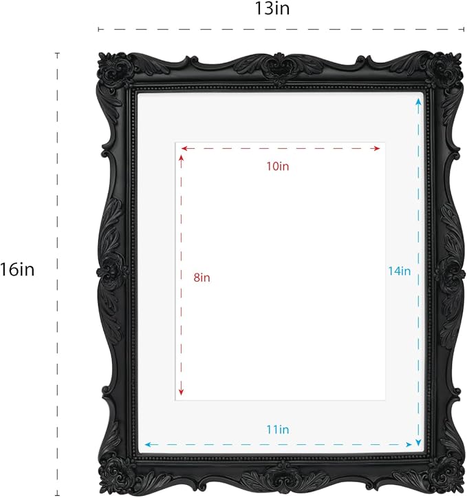 Laura Ashley 11x14 Black Ornate Textured Hand-Crafted Resin Picture Frame, Wall Mount, Decorative Floral Design Home Décor, Photo Gallery, Art, More (Black, 11x14 (Matted 8x10))
