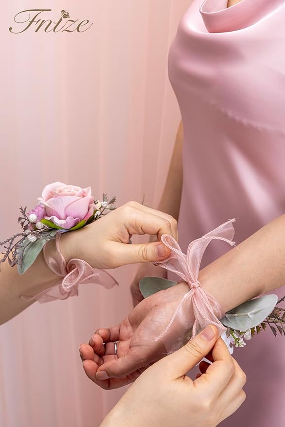 Fnize Pink Corsage and Boutonniere Set for Bride Groom Bridesmaids Groomsmen Wedding Homecoming Flowers Prom Suit Accessories, Rose Boutonniere and Wrist Corsage Flower