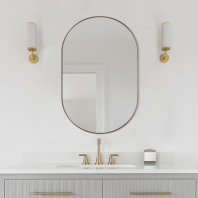 ANDY STAR 26x38 Inch Gold Oval Mirror, Oval Brass Mirror Pill Shaped Stainless Steel 1’’ Deep Metal Frame Wall Mounted Vertically & Horizontally Ideal for Limited Space