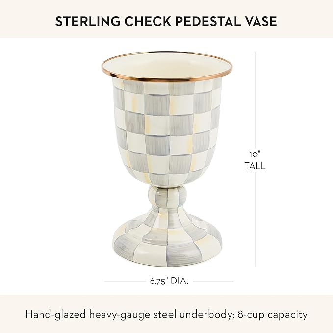 MACKENZIE-CHILDS Pedestal Vase, Decorative Centerpiece and Flower Holder, Gray-and-White Sterling Check