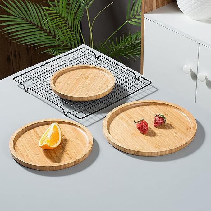 Round Bamboo Tray, Wood Serving Tray, Wooden Platter, Wood Charcuterie Board, Decorative Tray for Coffee Table, 9.8 inch