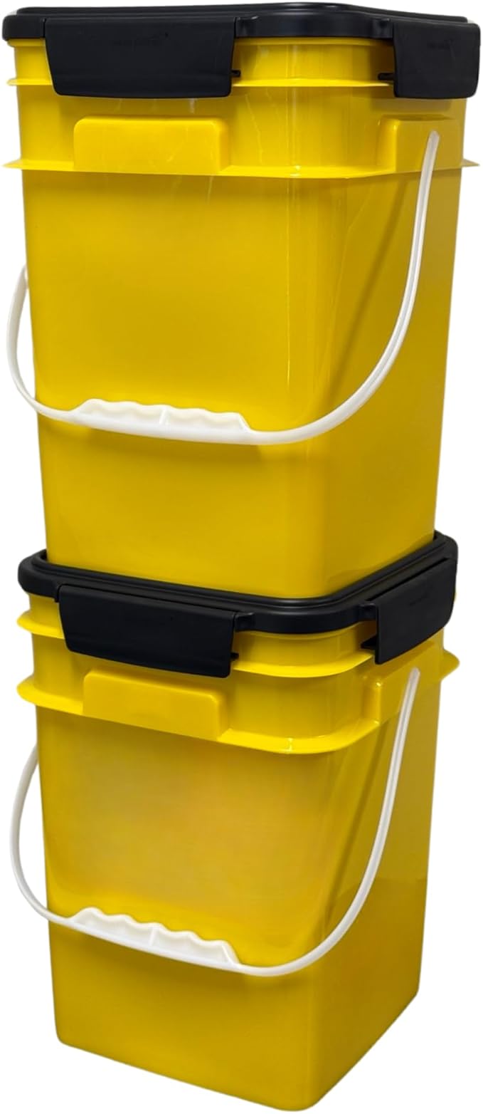 House Naturals 4 Gallon Square Food Grade Plastic Bucket with Lid, Made in USA (Pack of 2) BPA Free (Yellow/Purple)