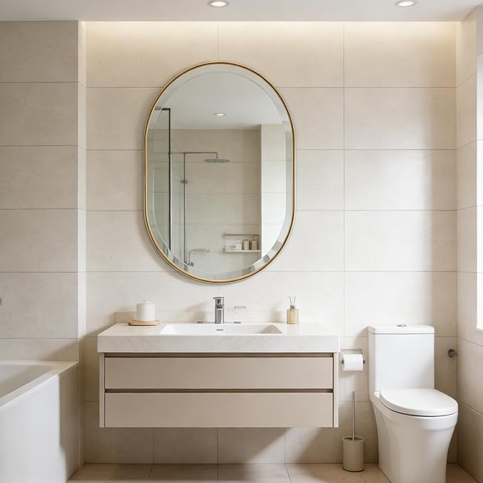 POZINO Beveled Bathroom Mirror, 24"x36" Brushed Gold Oval Vanity Mirror Over Sink, Pill Shaped Capsule Wall Mirrors for Bedroom Entryway Living Room, Hangs Vertically or Horizontally