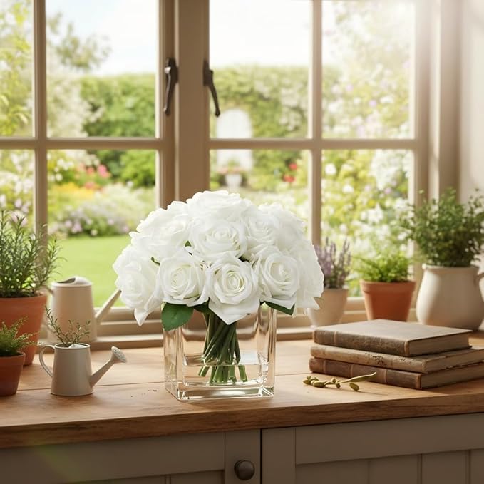 18 Heads Artificial Flowers in Vase with Fake Water, Faux Rose with Vase for Dining Table Bedroom Wedding Decor (Cream)