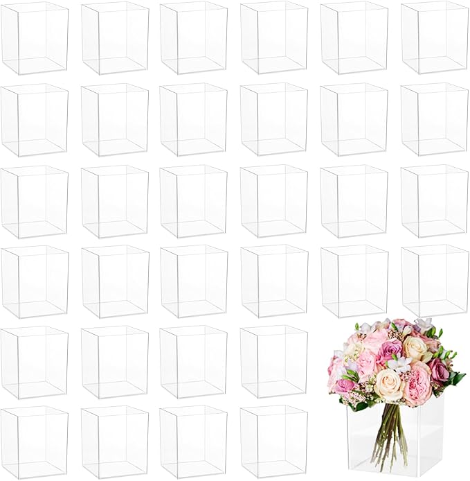 28 Pack Plastic Vases for Centerpiece, Bulk Small Acrylic Vase Clear Plastic Vases for Flowers, Wedding, Home, Office Floral Decor (3x3x4 Inch)