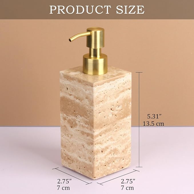 Natural Marble Soap Dispenser for Bathroom and Kitchen Countertop - 5.41 Ounces Hand Lotion and Liquid Stone Shampoo Laundry Bottle with Pump (1, Travertine, Rectangular Bottle)