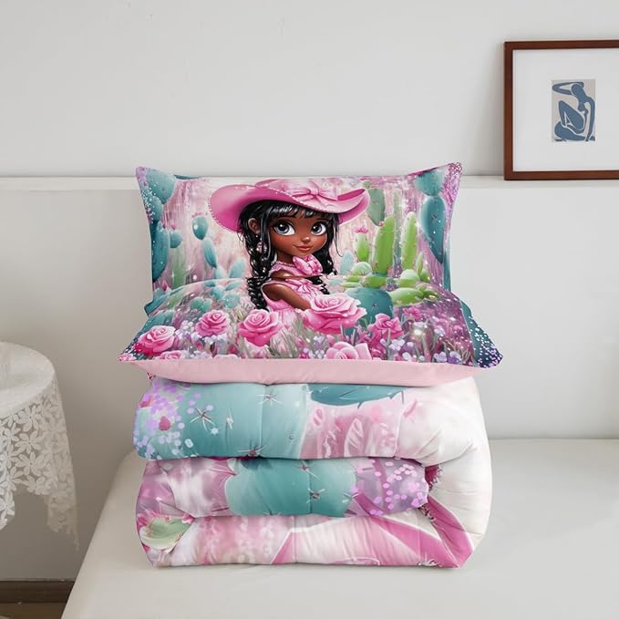 Pink Cowgirl Full Size Comforter Set,Reversible Southwest African Style Black Bedding Comforters Bedroom Collection,Western Floral Desert Cactus Sparkling Bedding Set for Girls Teens